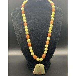 Natural Serpentine Orange Jasper Bead Necklace 17.5" Stone Pendant Boho Artisan